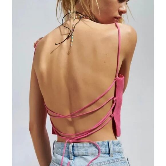 ZARA Flowy Crop Top Square Neck Spaghetti Strap Lace Up Open Back Tank Top Pink - Picture 6 of 14